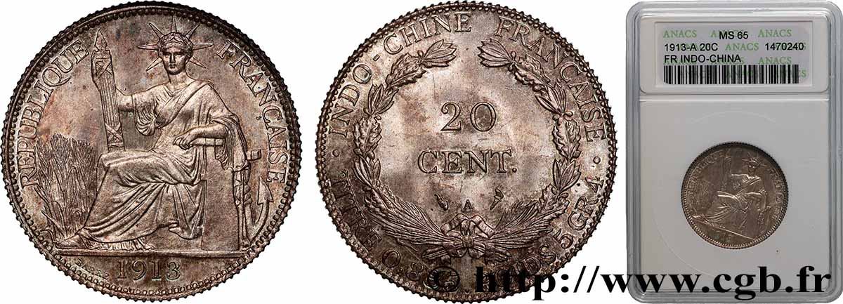 FRENCH INDOCHINA 20 Centièmes 1913 Paris MS65 PCGS
ANACS