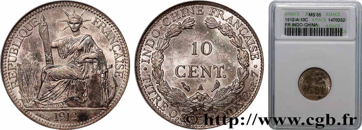 FRENCH INDOCHINA 10 Centièmes 1912 Paris MS65 ANACS