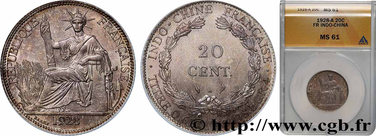 FRENCH INDOCHINA 20 Centièmes 1928 Paris MS61 PCGS
