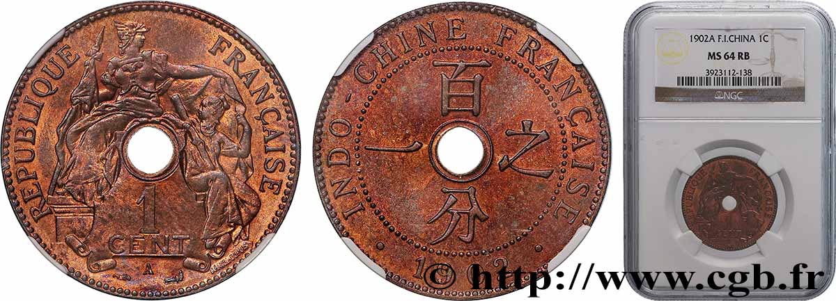 FRENCH INDOCHINA 1 Centième 1902 Paris MS64 NGC