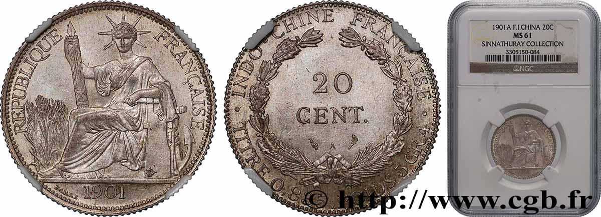 FRENCH INDOCHINA 20 Centièmes 1901 Paris MS61 NGC