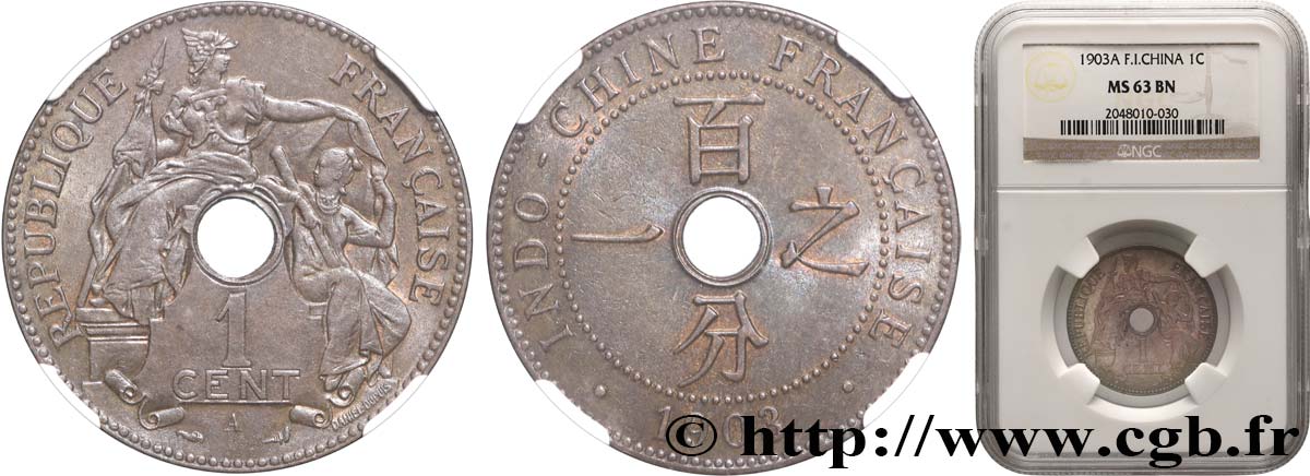 FRENCH INDOCHINA 1 Centième 1903 Paris MS63 NGC