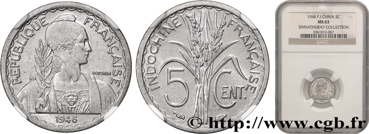 FRENCH INDOCHINA 5 Centièmes 1946 Paris MS63 NGC