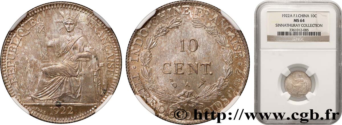 FRENCH INDOCHINA 10 Centièmes 1922 Paris MS64 NGC