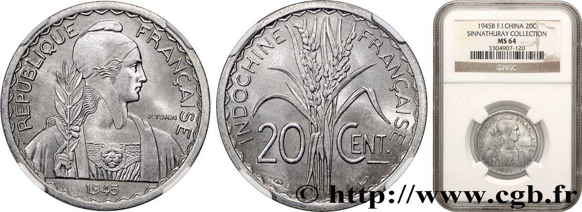 FRENCH INDOCHINA 20 Centièmes 1945 Beaumont-le-Roger MS64 NGC