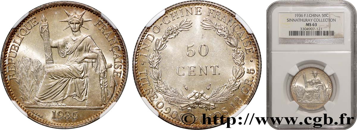 FRENCH INDOCHINA 50 Centièmes 1936 Paris MS63 NGC