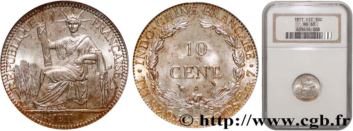 FRENCH INDOCHINA 10 Centièmes 1911 Paris MS65 NGC