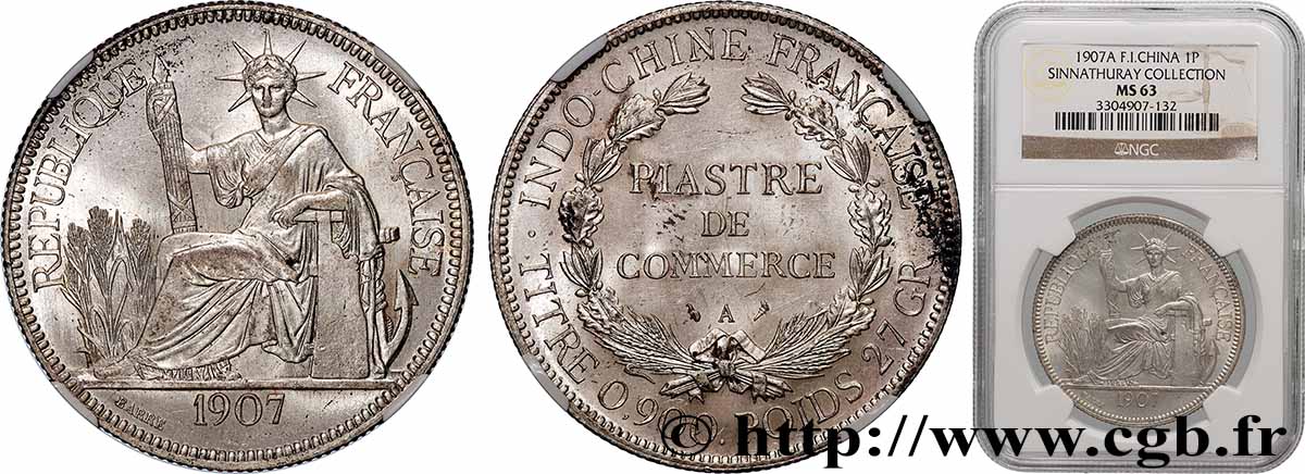 INDOCHINE FRANÇAISE 1 Piastre de Commerce 1907 Paris SPL63 NGC