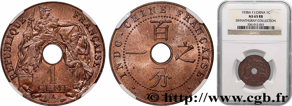FRENCH INDOCHINA 1 Centième 1938 Paris MS65 NGC