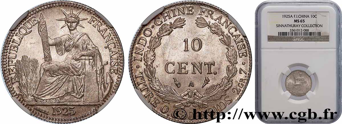 FRENCH INDOCHINA 10 Centièmes 1925 Paris MS65 NGC
