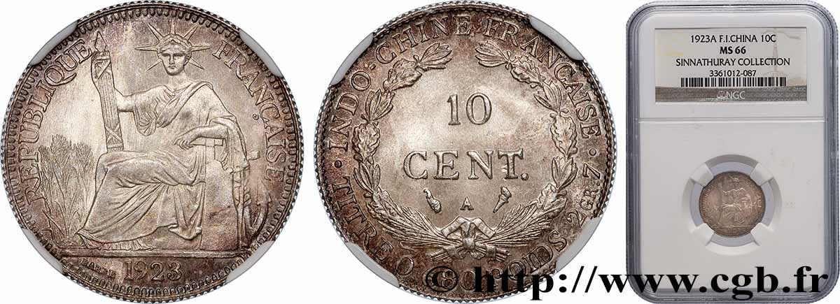 FRENCH INDOCHINA 10 Centièmes 1923 Paris MS66 NGC