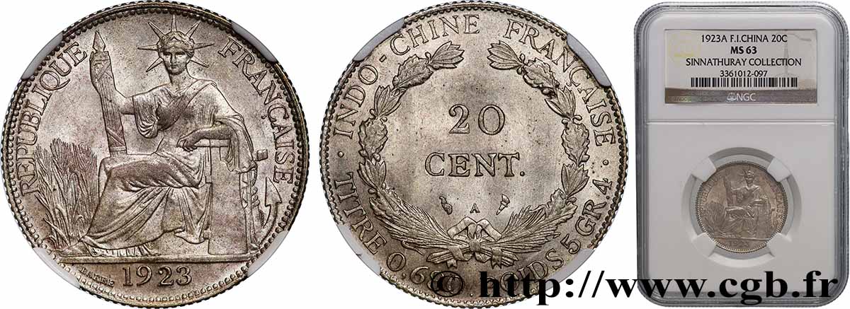 INDOCHINE FRANÇAISE 20 Centièmes 1923 Paris SPL63 NGC