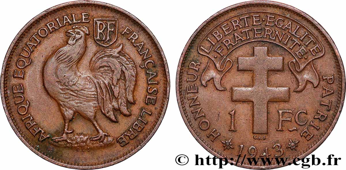AFRIQUE ÉQUATORIALE FRANÇAISE - FRANCE LIBRE 1 Franc 1943 Prétoria TTB 