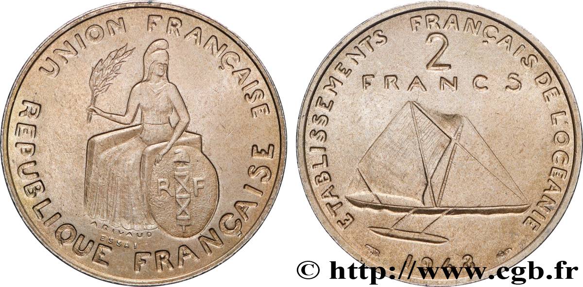 POLYNÉSIE FRANÇAISE - Océanie française Essai de 2 Francs avec listel en relief 1948 Paris SPL 
