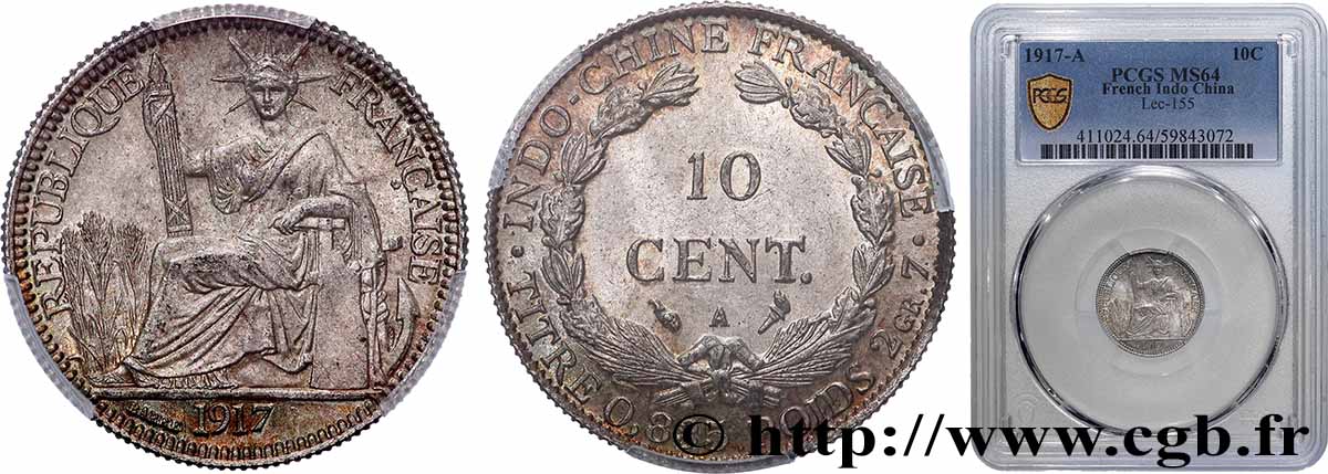 FRENCH INDOCHINA 10 Centièmes 1917 Paris MS64 PCGS