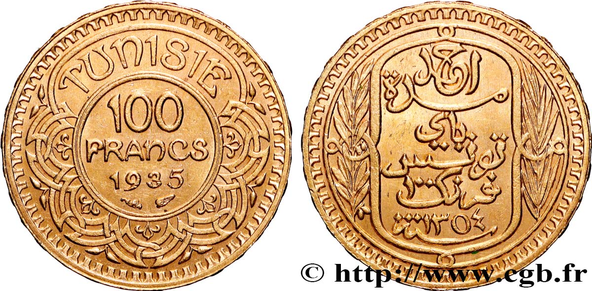 TUNISIE - PROTECTORAT FRANÇAIS 100 Francs or frappée au nom du Bey Ahmed 1935 Paris SUP 