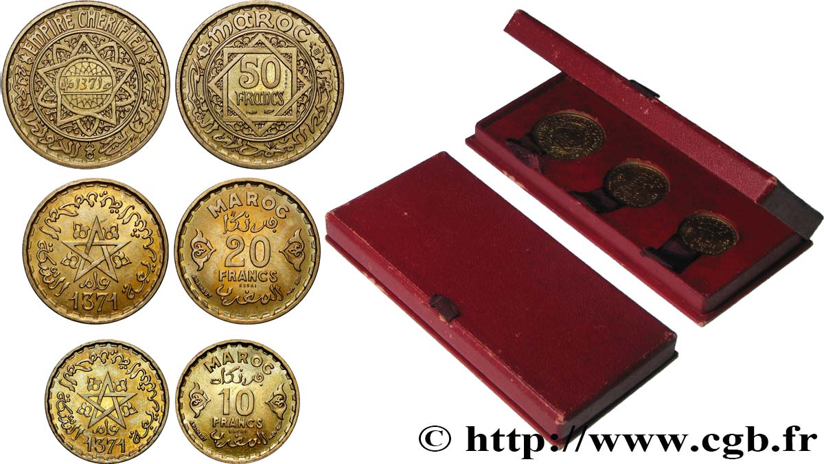 MOROCCO - FRENCH PROTECTORATE Boite de 3 essais de 10, 20 et 50 Francs AH 1371 1952 Paris MS 