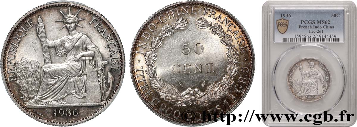 FRENCH INDOCHINA 50 Centièmes 1936 Paris MS62 PCGS