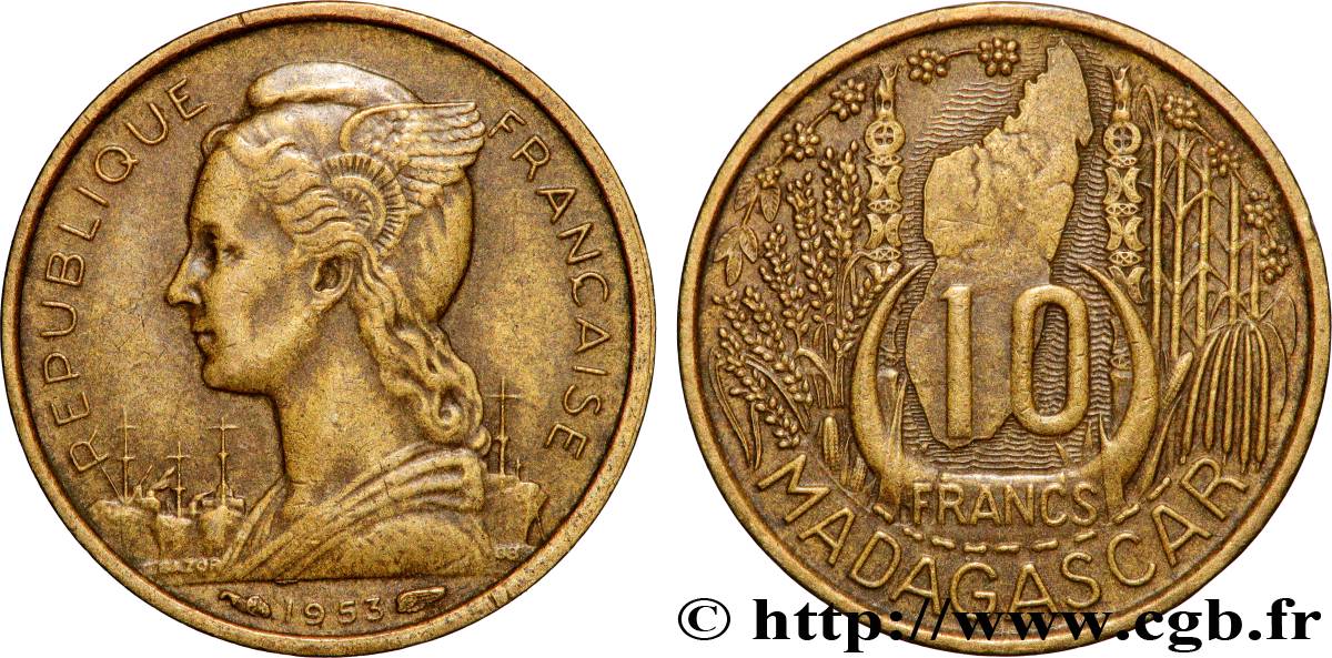 MADAGASCAR French Union 10 Francs 1953 Paris XF 