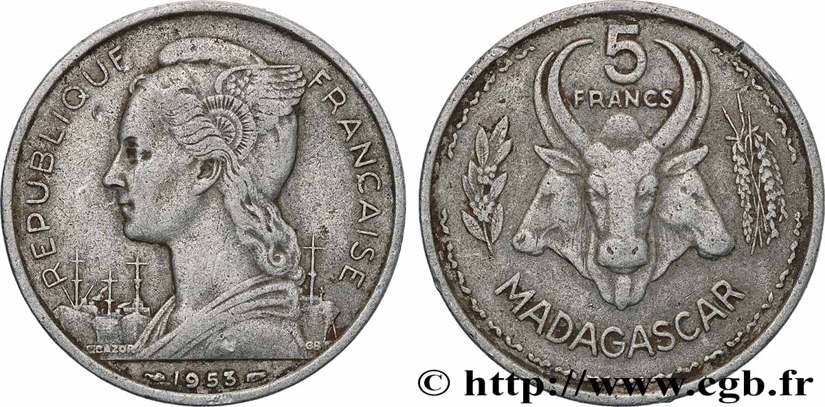 MADAGASCAR - UNION FRANCESE 5 Francs 1953 Paris BB 