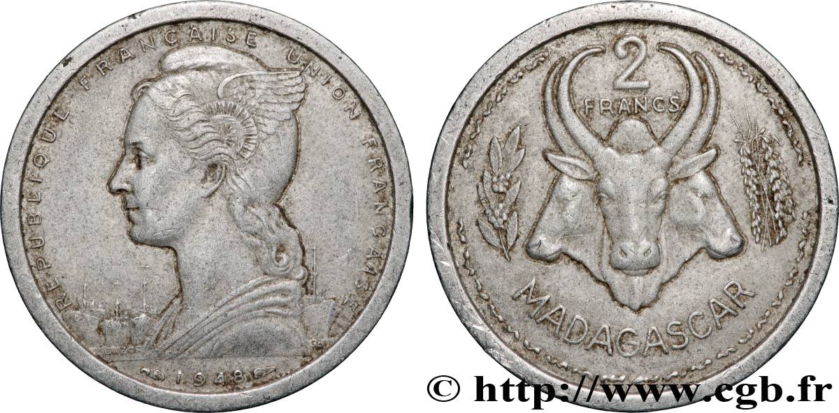 MADAGASCAR French Union 2 Francs 1948 Paris XF 