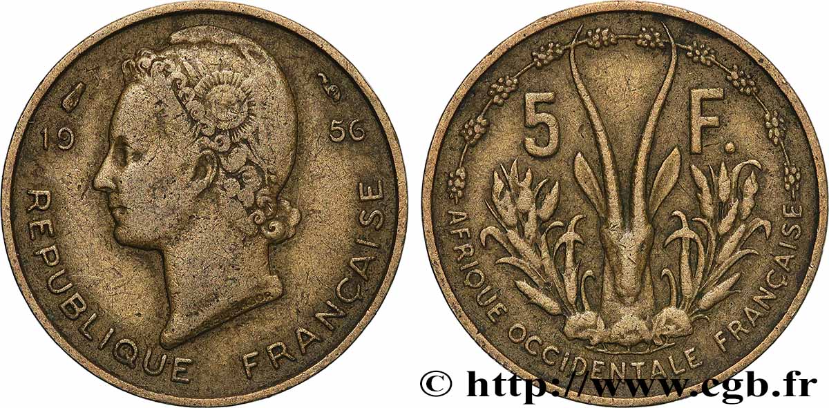 AFRICA OCCIDENTALE FRANCESA  5 Francs 1956 Paris q.BB 