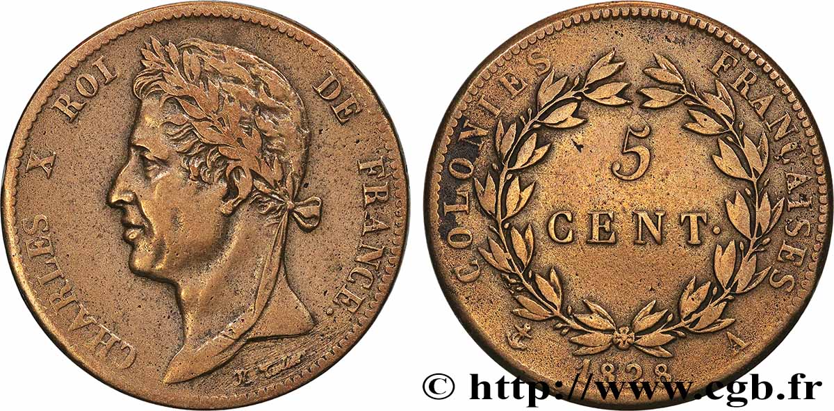 FRANZÖSISCHE KOLONIEN - Charles X, für Guayana 5 Centimes Charles X 1828 Paris - A fSS 