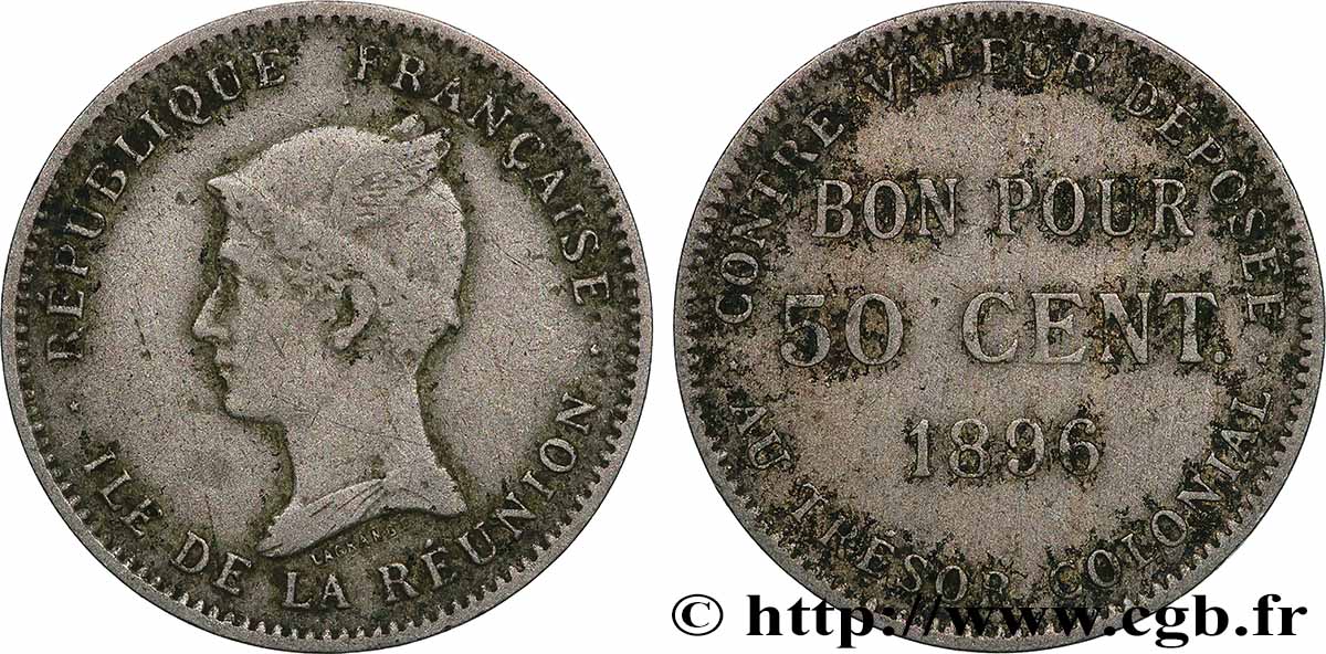 RÉUNION - III. REPUBLIK Bon pour 50 Centimes 1896 sans atelier fSS 