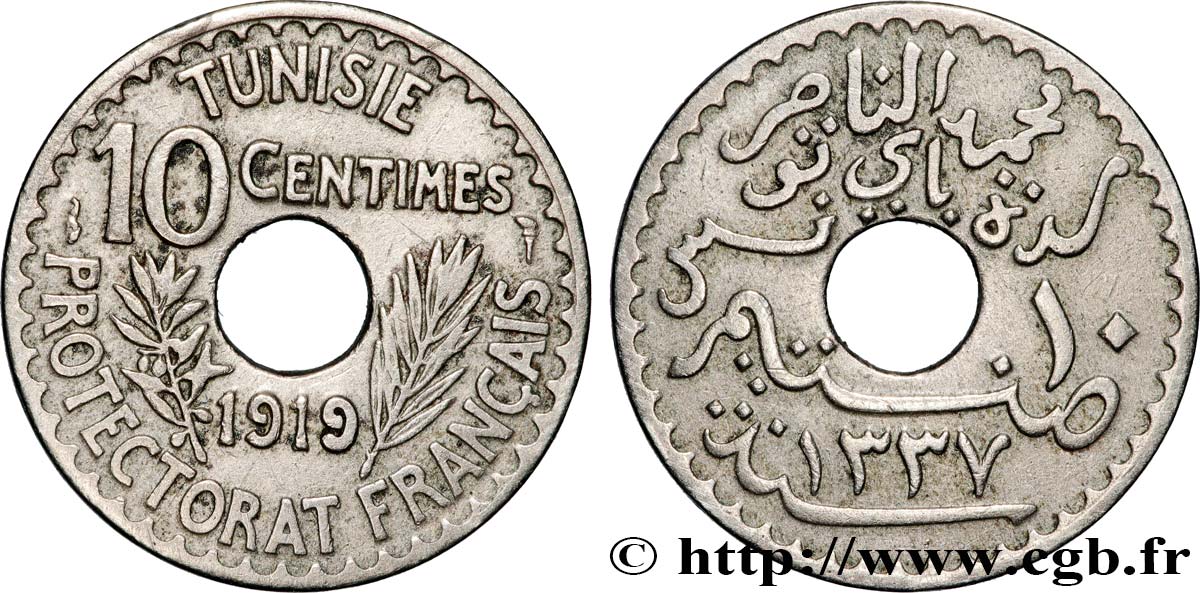 TUNESIEN - Französische Protektorate  10 Centimes AH 1337 1919 Paris SS 