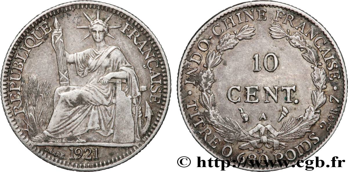 FRENCH INDOCHINA 10 Centièmes 1921 Paris AU 