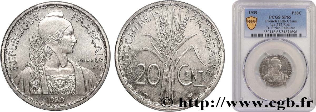 FRENCH INDOCHINA Pré-série avec le mot Essai de 20 Centièmes 1939 Paris MS65 PCGS