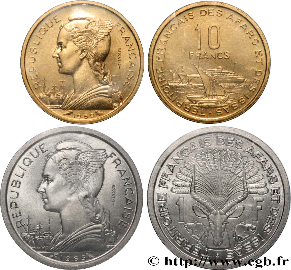 DJIBOUTI - Territoire français des AFARS et des ISSAS Essai 1 et 10 Francs 1969 Paris FDC 