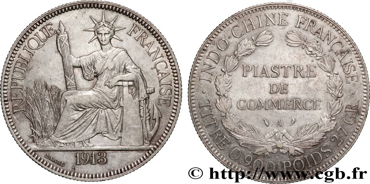 FRENCH INDOCHINA 1 Piastre de Commerce 1913 Paris AU 