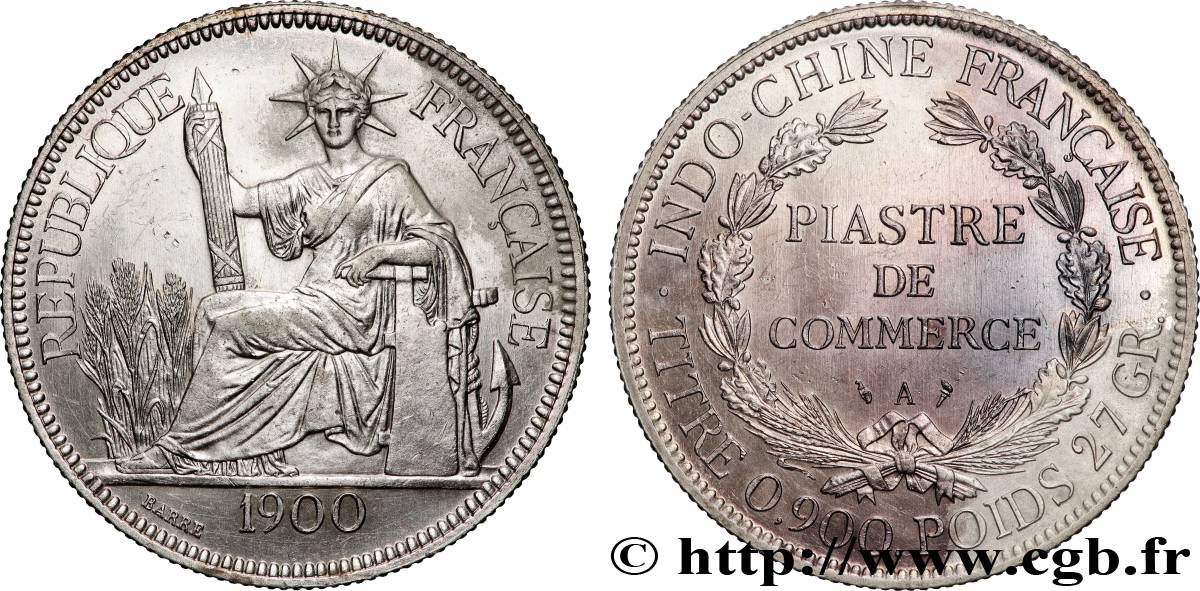 INDOCHINA 1 Piastre de Commerce 1900 Paris EBC 