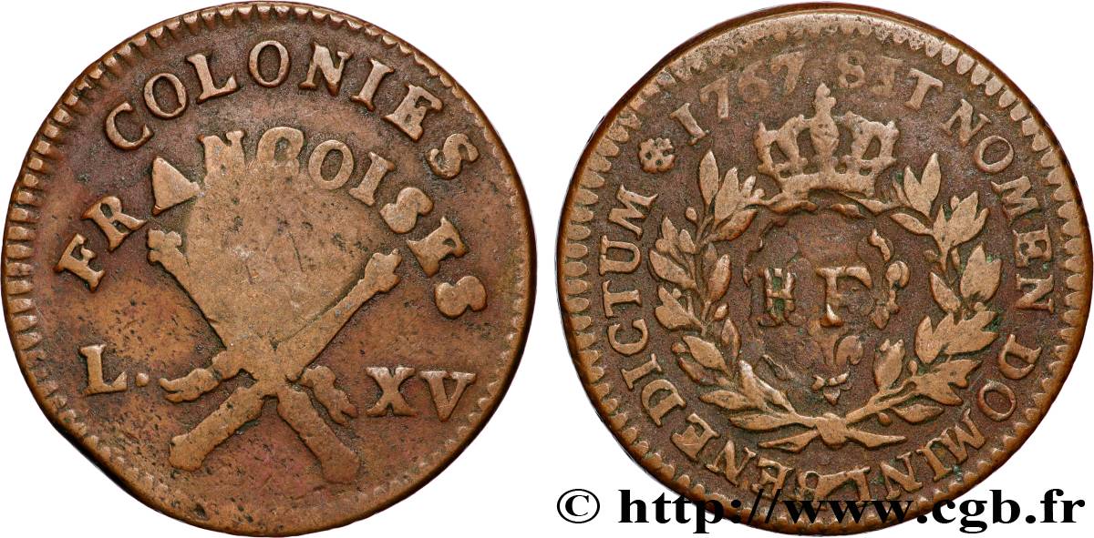 LOUIS XV  THE WELL-BELOVED  3 Sous 9 Deniers ou 1/4 d’esqualin contremarqué RF 1767 Paris XF 