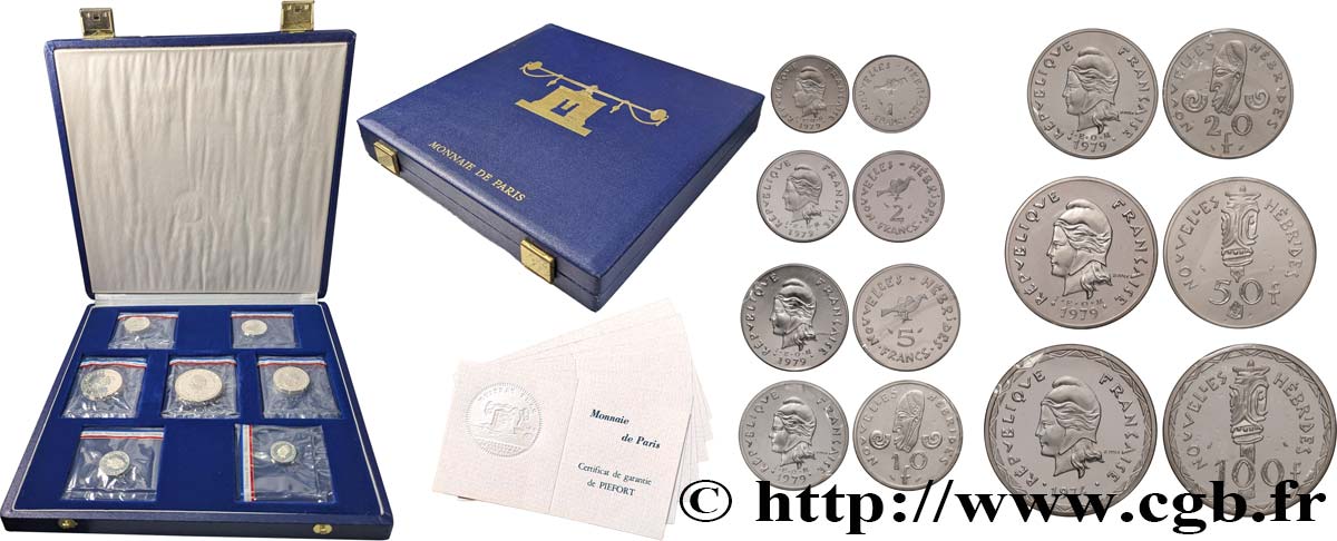 NEW HEBRIDES (VANUATU since 1980) Coffret 7 Piéforts en argent (1, 2, 5, 10, 20, 50 et 100 Francs) 1974-1979 Paris MS 