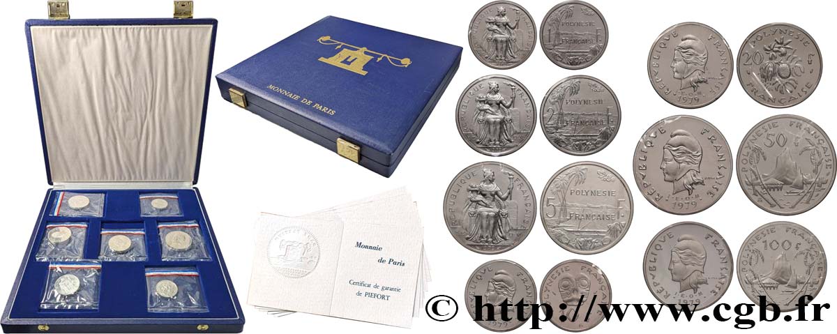 POLYNÉSIE FRANÇAISE Coffret 7 Piéforts en argent (1, 2, 5, 10, 20, 50 et 100 Francs) 1979 Paris FDC 