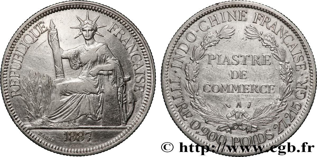 FRENCH INDOCHINA 1 Piastre de Commerce 1887 Paris AU 