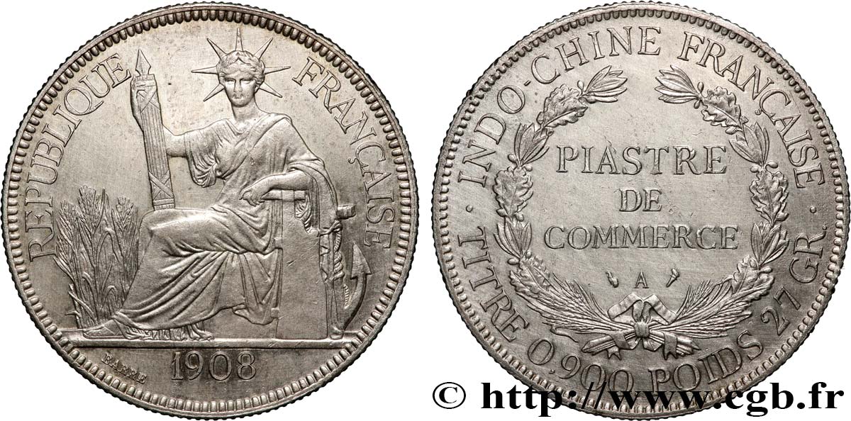 FRENCH INDOCHINA 1 Piastre de Commerce 1908 Paris AU 