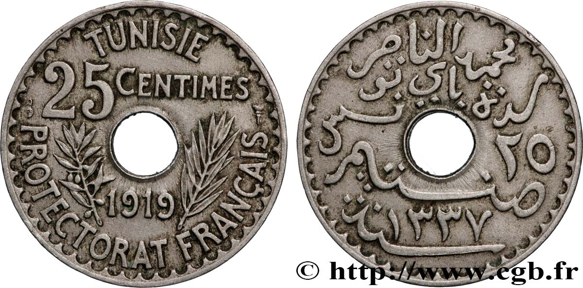TUNISIA - French protectorate 25 Centimes AH 1337 1919 Paris XF 
