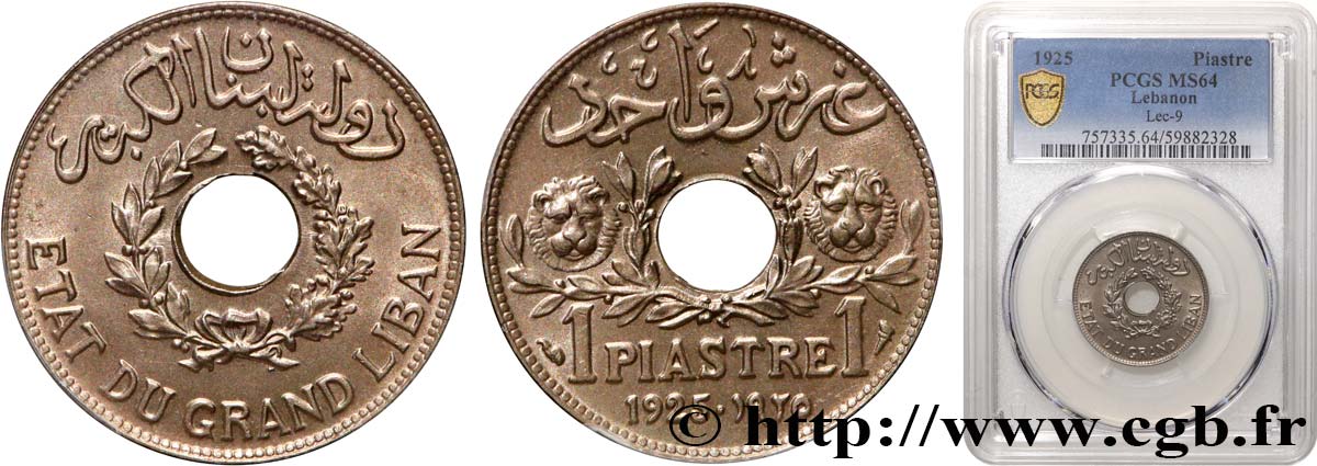 LIBAN - TROISIÈME RÉPUBLIQUE 1 Piastre Cèdre du Liban 1925 Paris SPL64 PCGS