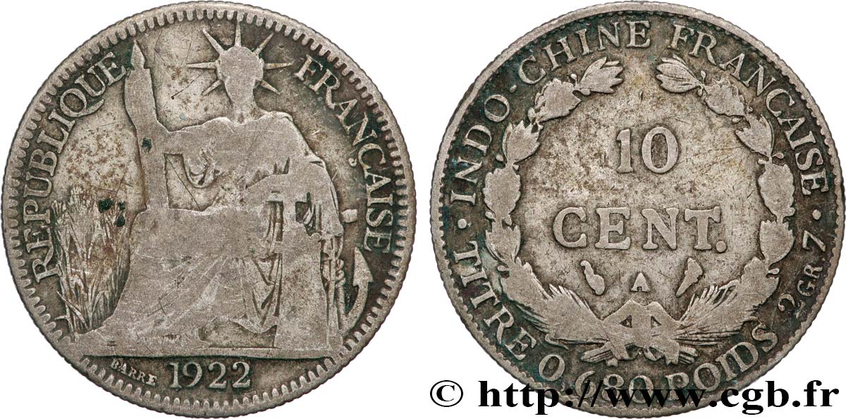 FRENCH INDOCHINA 10 Centièmes 1922 Paris VF 