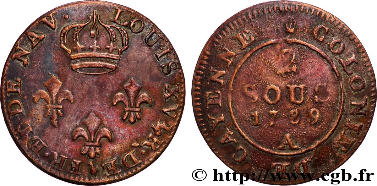 FRENCH GUYANA 2 Sous colonie de Cayenne 2e type 1789 Paris - A VF 