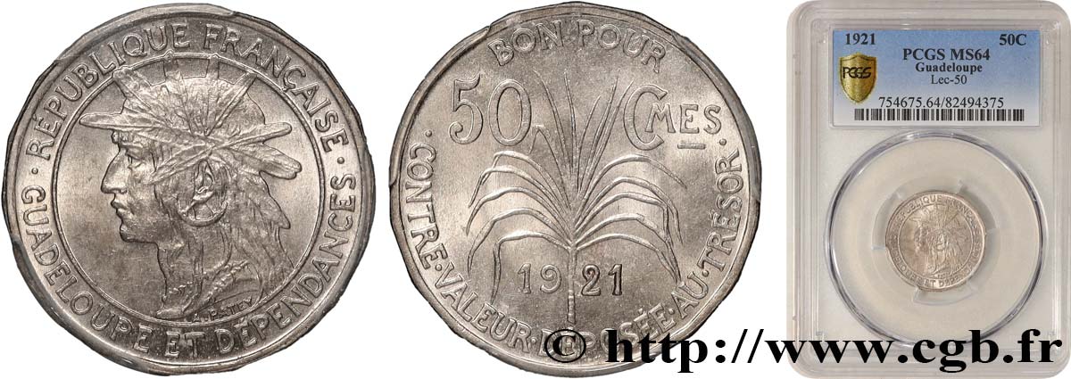 GUADELOUPE Bon pour 50 Centimes indien caraïbe 1921  MS64 PCGS