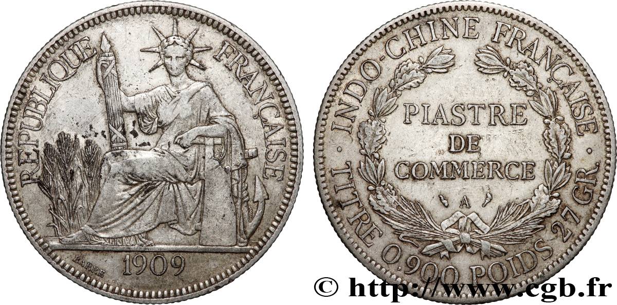 FRENCH INDOCHINA 1 Piastre de Commerce 1909 Paris XF 