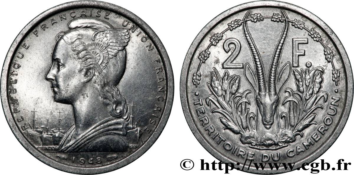 CAMEROON - FRENCH UNION / UNION FRANÇAISE 2 Francs Marianne / antilope 1948 Paris AU 