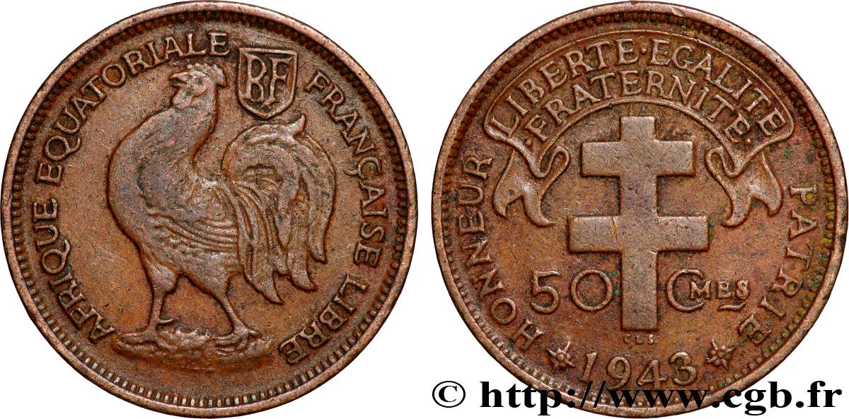 AFRIQUE ÉQUATORIALE FRANÇAISE - FRANCE LIBRE 50 Centimes 1943 Prétoria TTB 