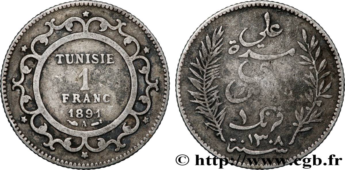 TUNISIE - PROTECTORAT FRANÇAIS 1 Franc AH1308 1891 Paris TB 