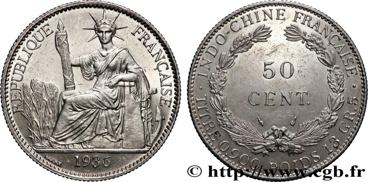 FRENCH INDOCHINA 50 Centièmes 1936 Paris AU 