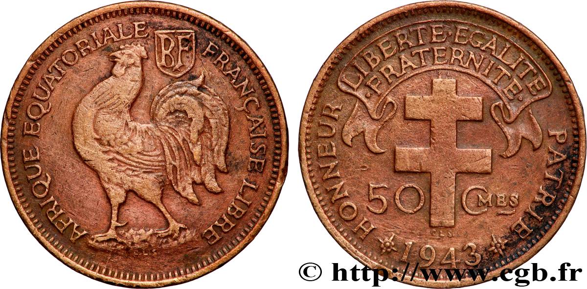 AFRIQUE ÉQUATORIALE FRANÇAISE - FRANCE LIBRE 50 Centimes 1943 Prétoria TTB 